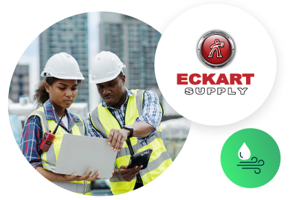Eckart Supply Image collage with logo icon and two people discussing blueprints