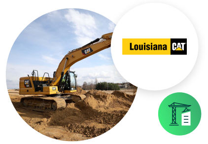 Louisiana CAT case study image of Caterpillar machine, Louisiana CAT logo, and heavy equipment icon