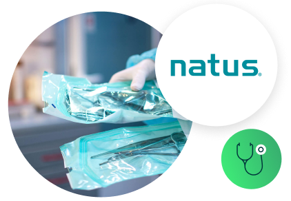 Natus case study image of medical equipment, natus logo, and medical icon