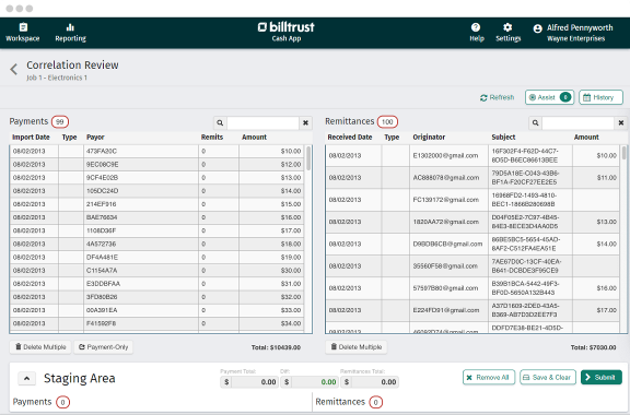 Billtrust Cash Application Correlation Review screenshot