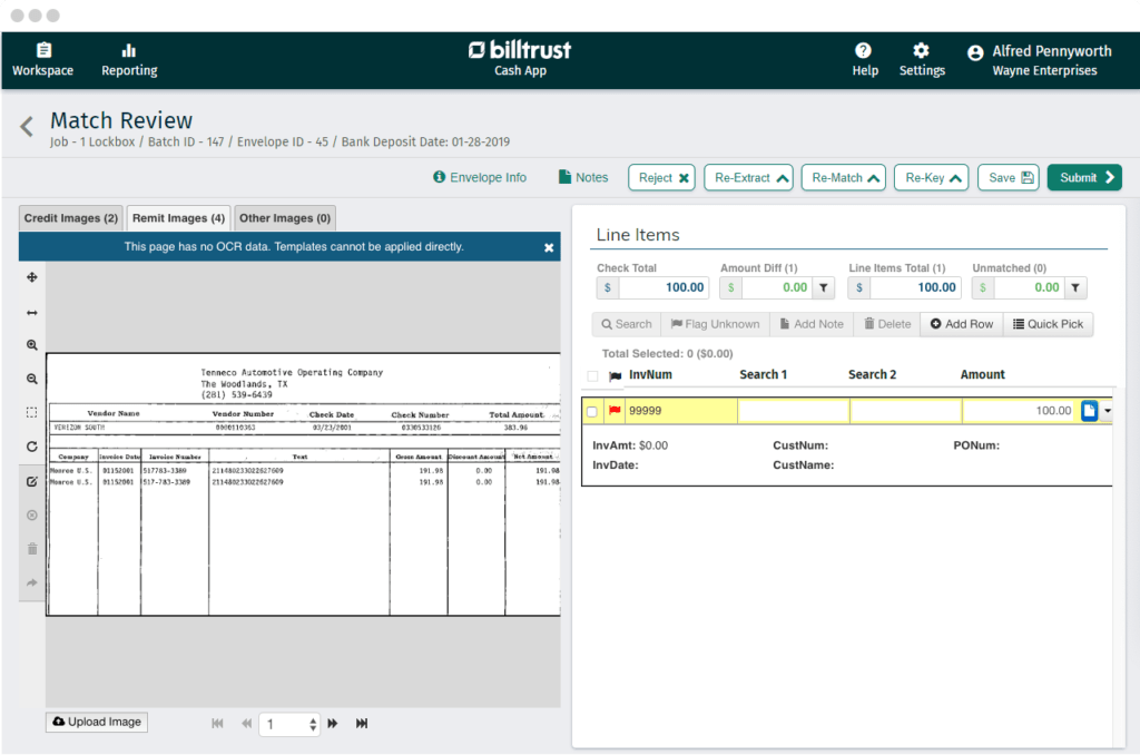 Billtrust Cash Application Match Review screenshot