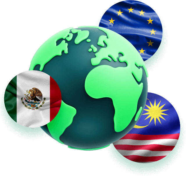 Globe with EU, Mexican and Malaysian flags