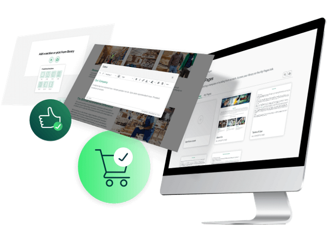 computer screen and screenshots showing effortless page building with billtrust ecommerce