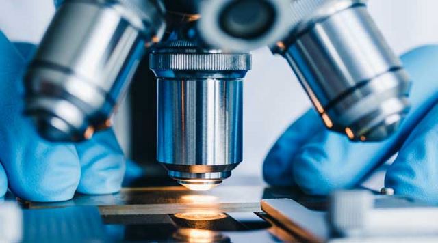 handen met handschoenen die een objectglaasje onder een microscoop houden