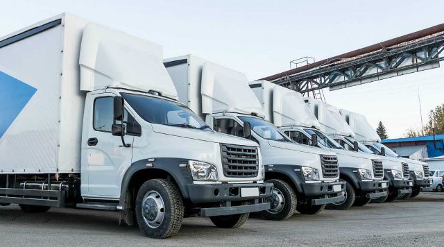a row of parked white refrigeration trucks