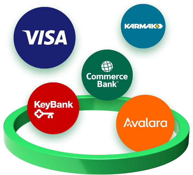 Logos von Visa, Karmak, Commerce Bank, KeyBank und Avalara