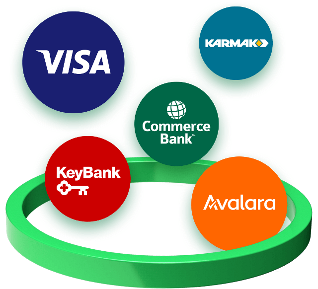 Logo's van Visa, Karmak, Commerce Bank, KeyBank en Avalara