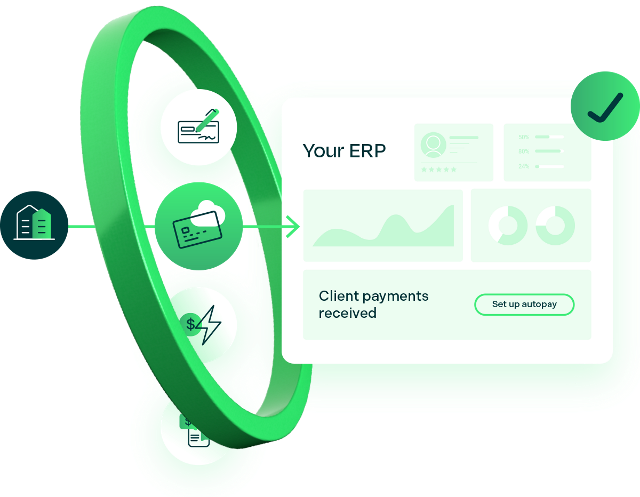 Graphic showing a customer making a payment and syncing with an ERP