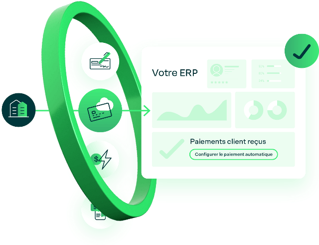 Graphique montrant un client effectuant un paiement suivi d'une synchronisation avec l'ERP