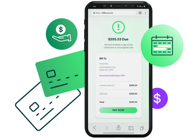 Late payment mobile phone notification with credit card, payment, money, and calendar icon