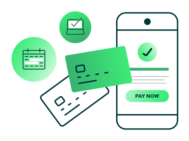 Cell phone payment reminder illustration with credit cards, computer, and calendar icon