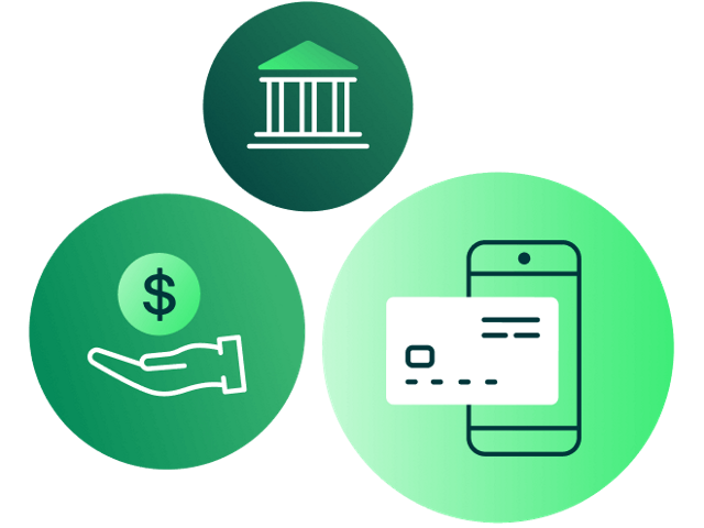 Bank icon, hand holding money sign icon, and phone with credit card icon