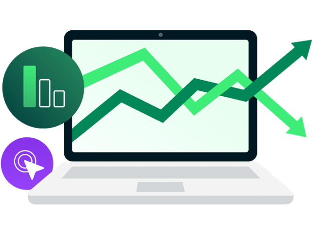 Laptop with Bar Graph Icon, Navigation Icon, and Economic chart