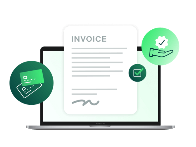 how e-invoicing can benefit your business masthead image of an invoice surrounded with a hand with a check mark above it and credit card graphics