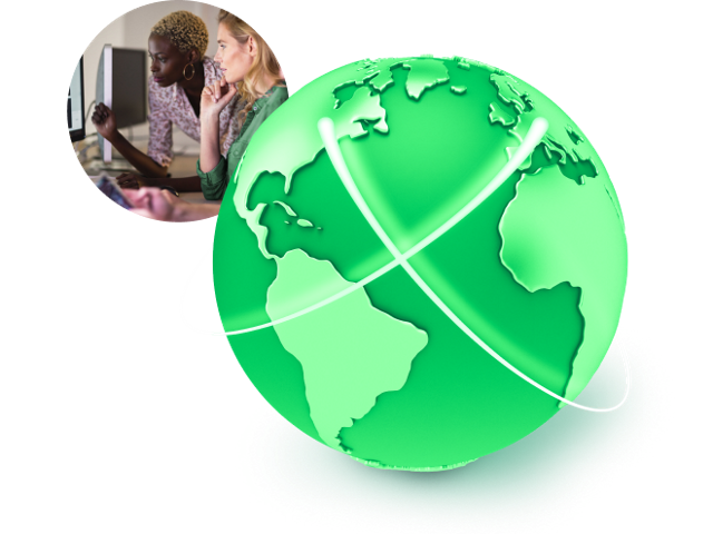 Illustration d'un globe représentant la conformité et l'interopérabilité de la facturation, à côté d'une image de deux employées