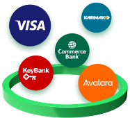Logo's van Visa, Karmak, Commerce Bank, KeyBank en Avalara