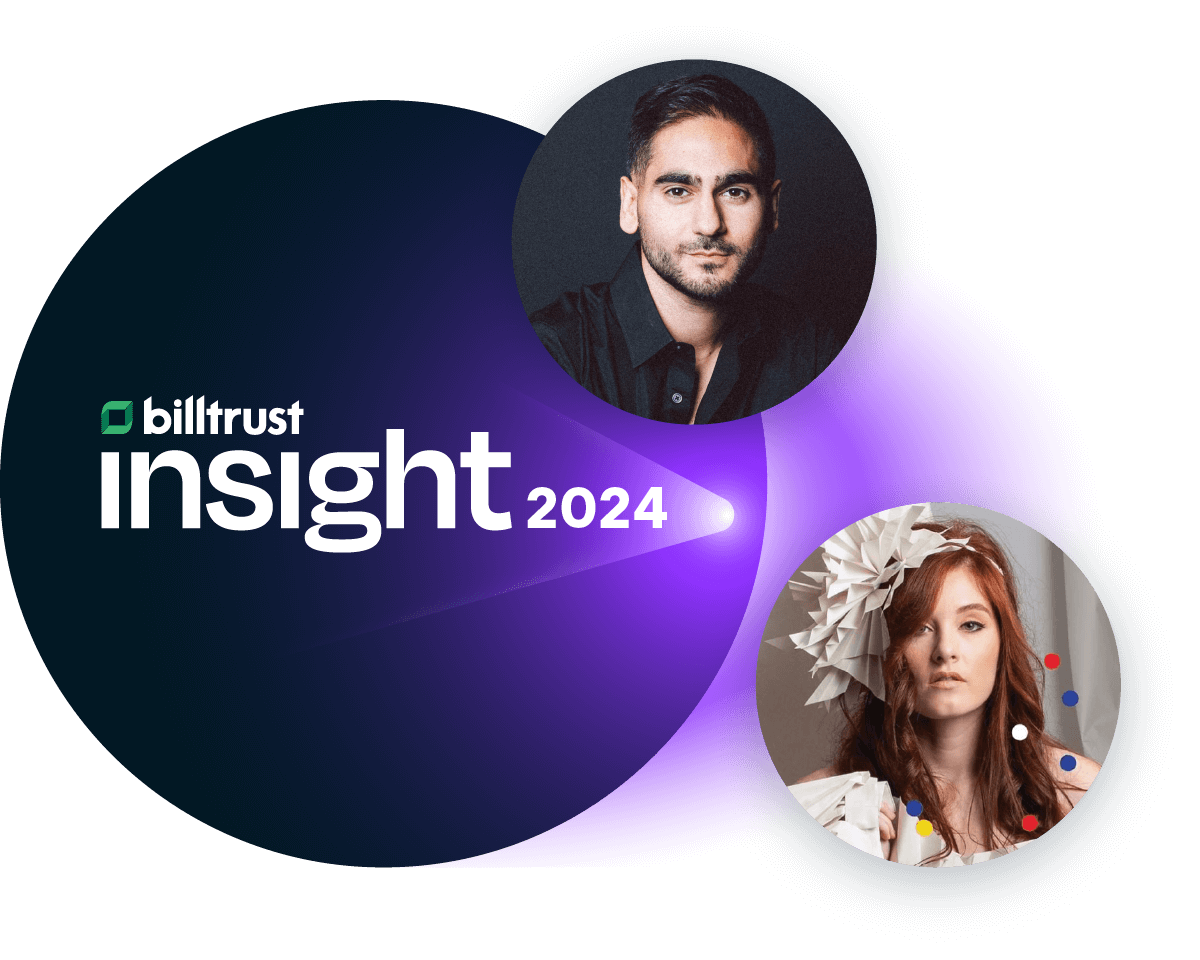 Billtrust Insight 2024 logo with Arthur Banyan and Mandy Harvey headshots