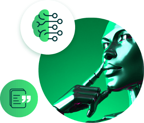 Robot woman with AI and industry report icons
