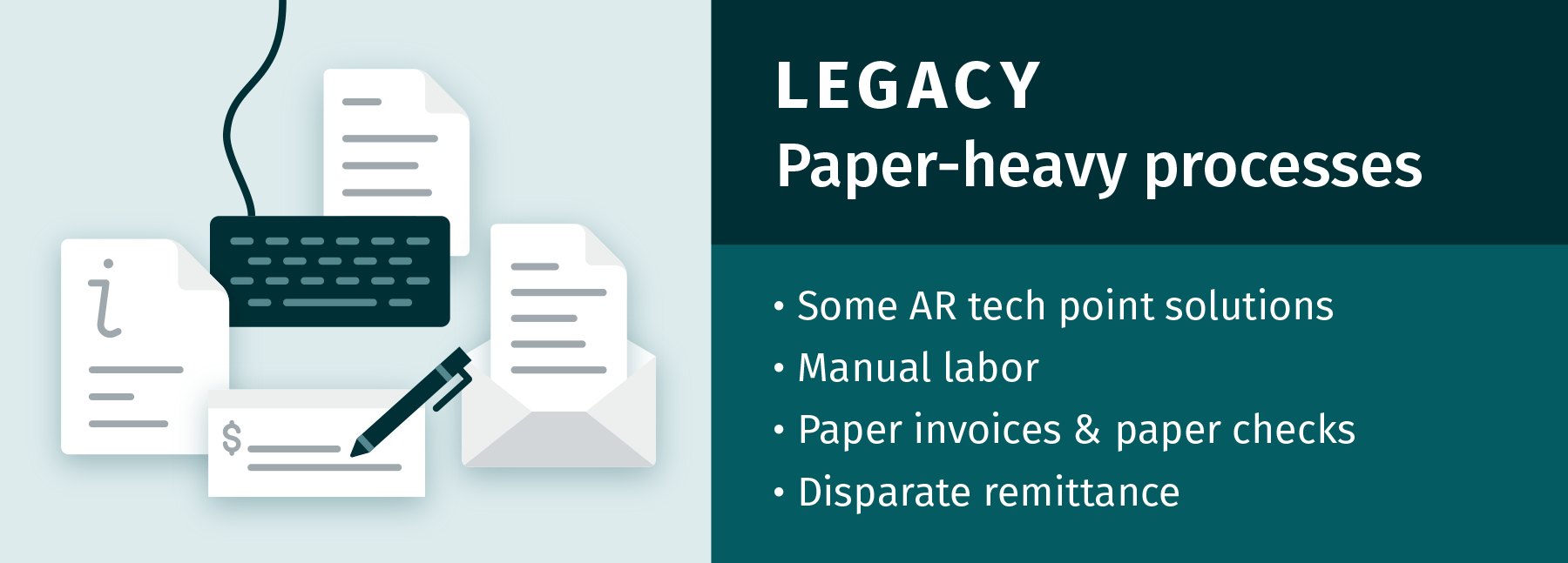 abstract illustration of keyboard with invoices and a check, Legacy paper-heavy AR processes list