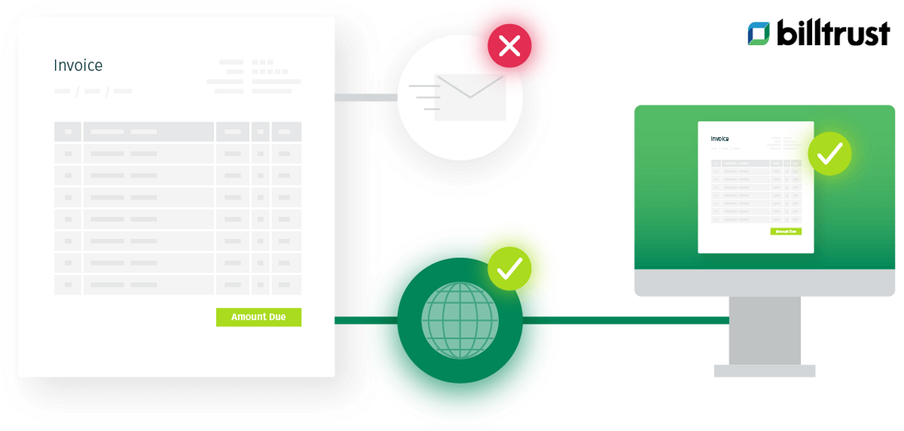 abstraktes Diagramm einer gedruckten Rechnung, die weltweit digital geteilt wird