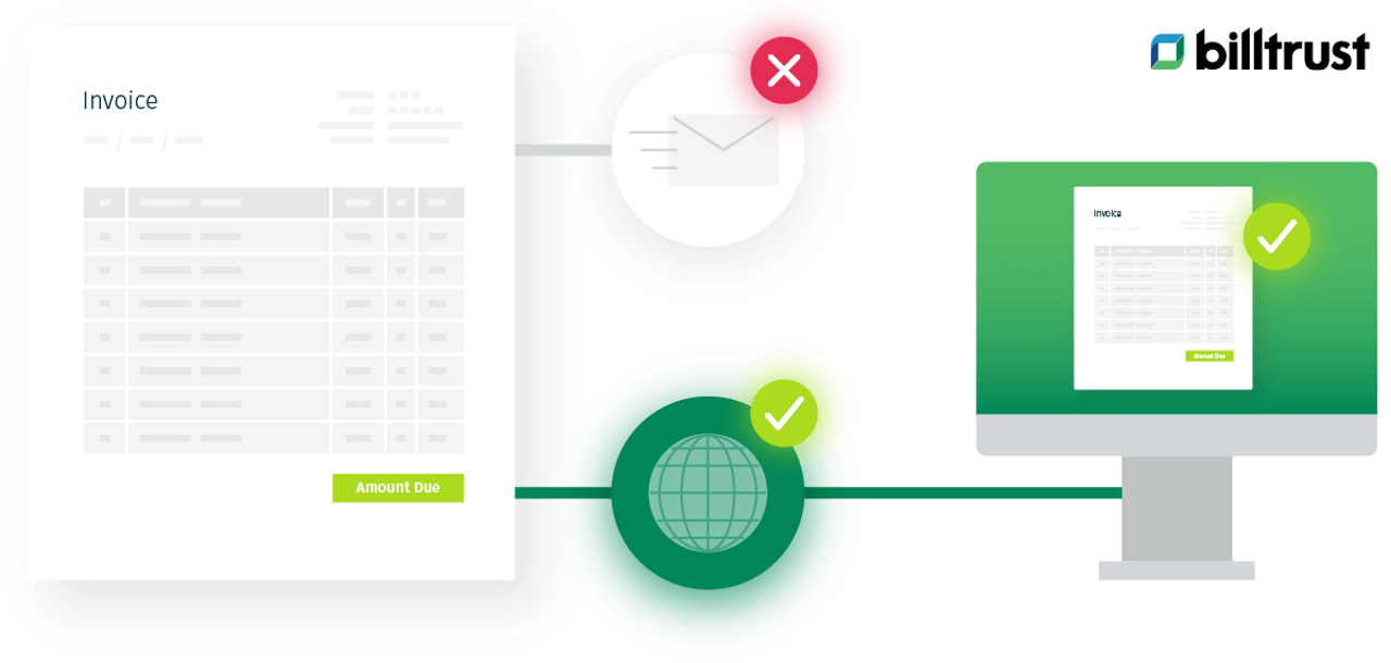 abstract diagram of print invoice being shared digitally on a global scale