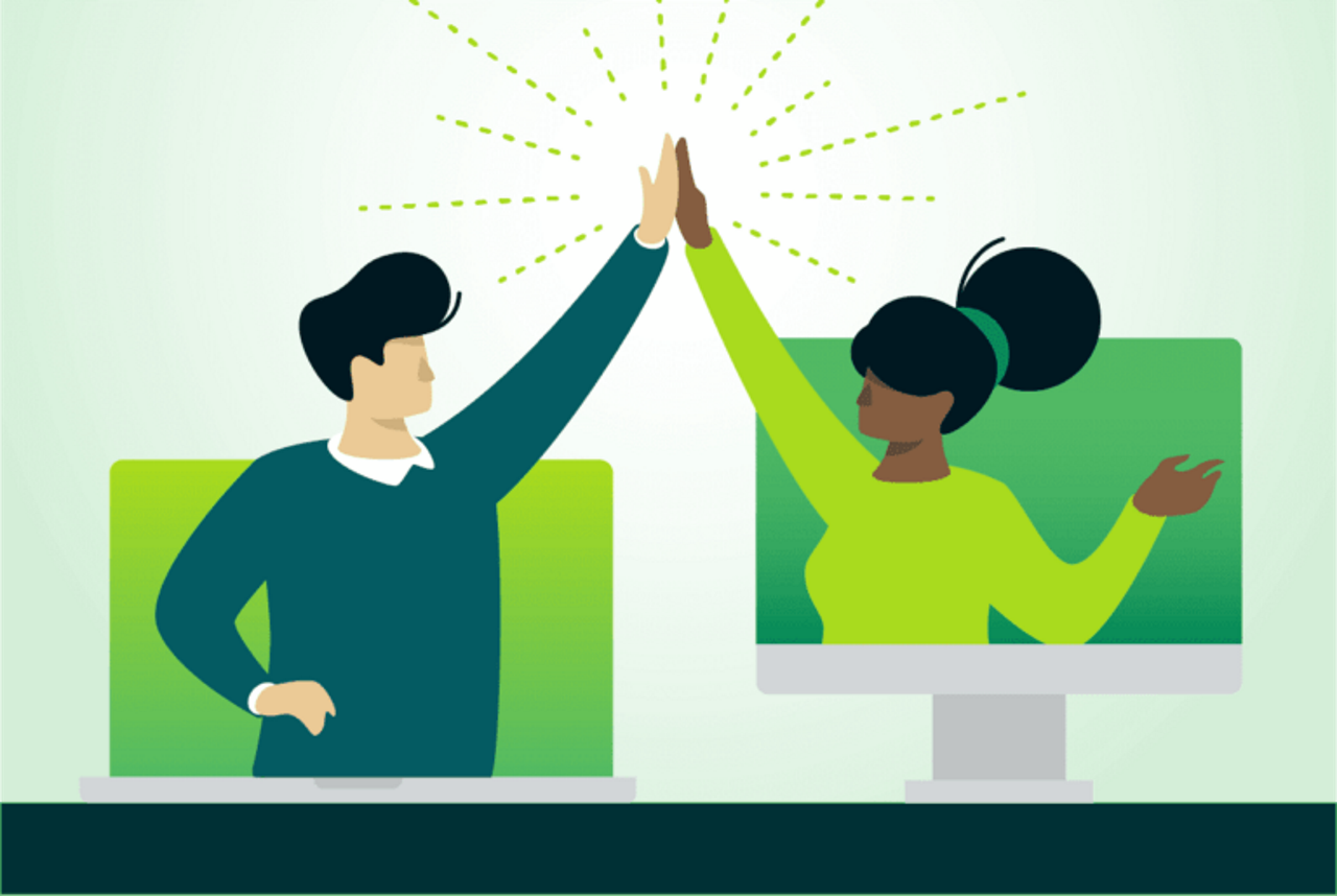 abstract illustration of two billtrust employees on computer screens high fiving