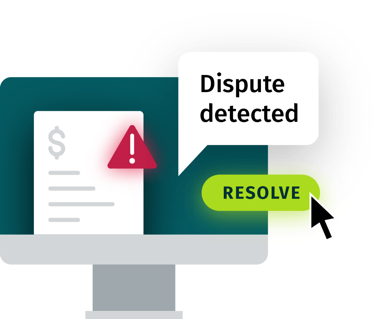 Illustration: Computer showing the words Dispute Detected with a Resolve button