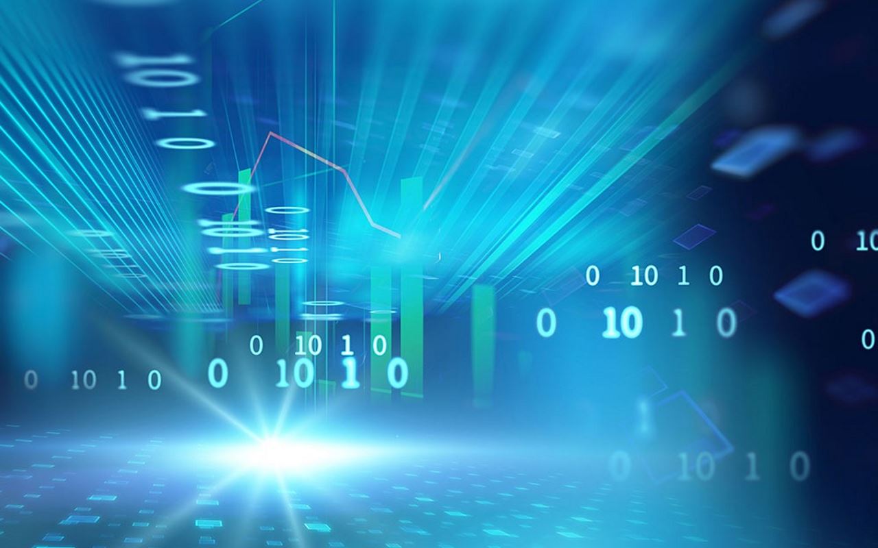 abstract image of floating numbers with data graphs in the background and bright blue lights