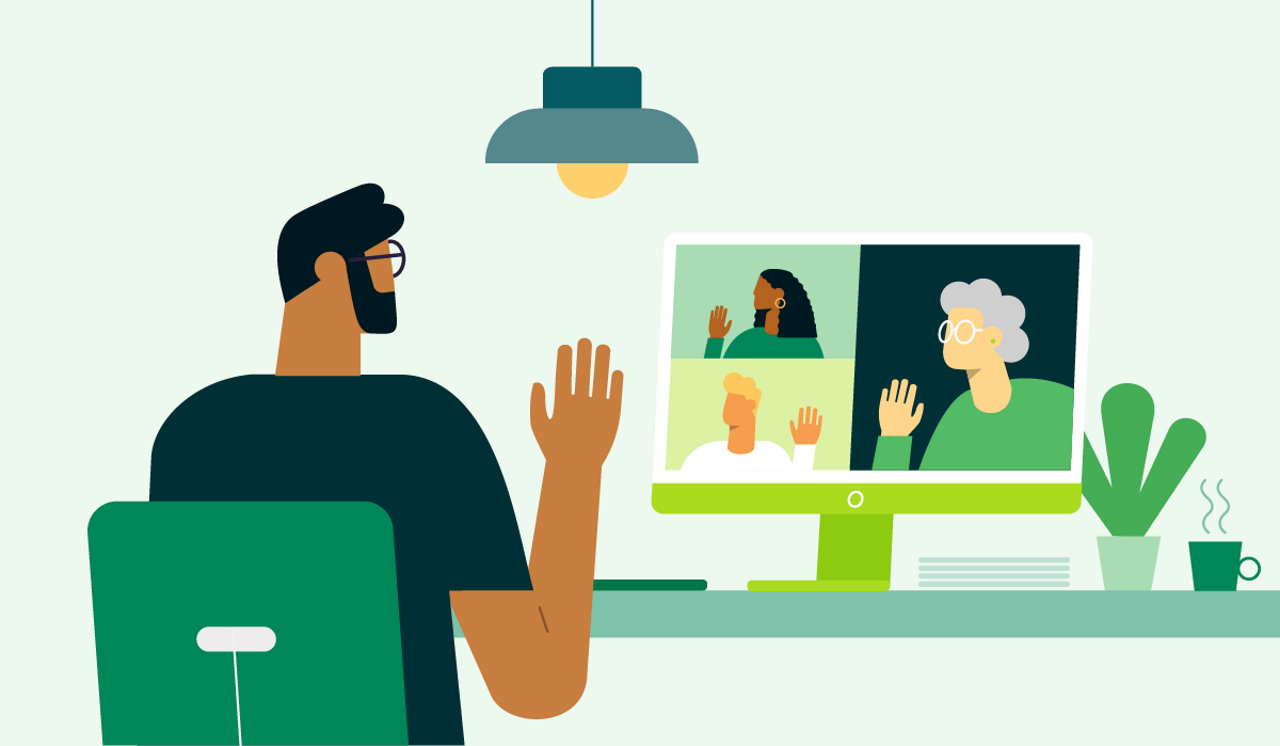 Illustration of remote worker waving to three of his colleagues over video chat