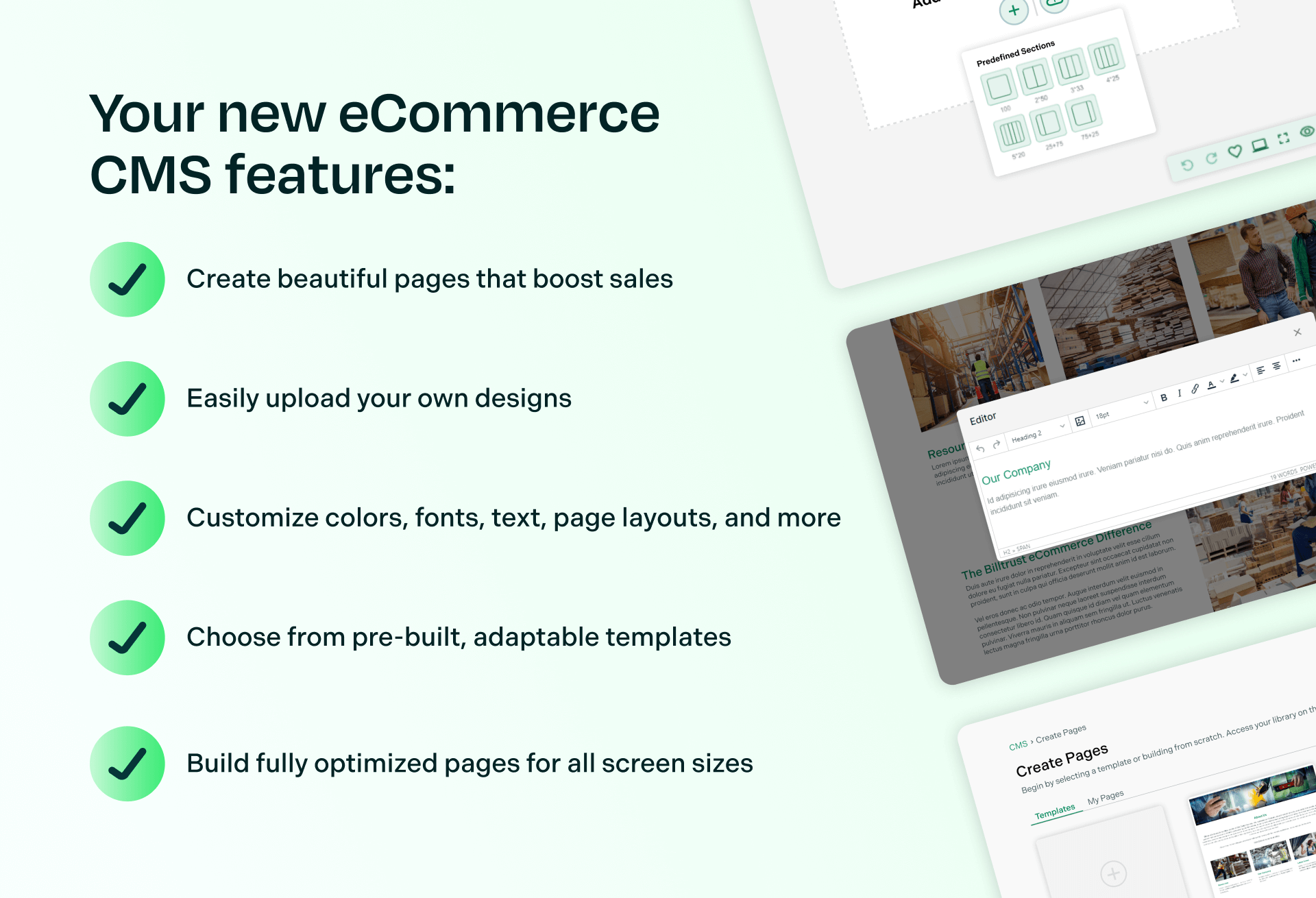 graphic listing the new cms features within billtrust ecommerce