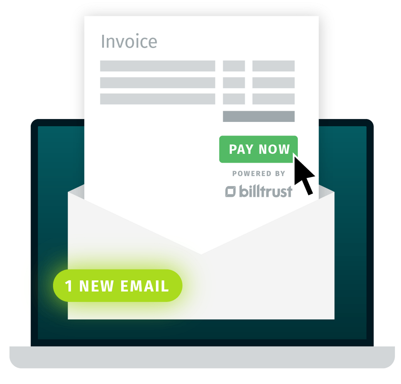 A graphic demonstrating the Pay on Email feature of Billtrust's software