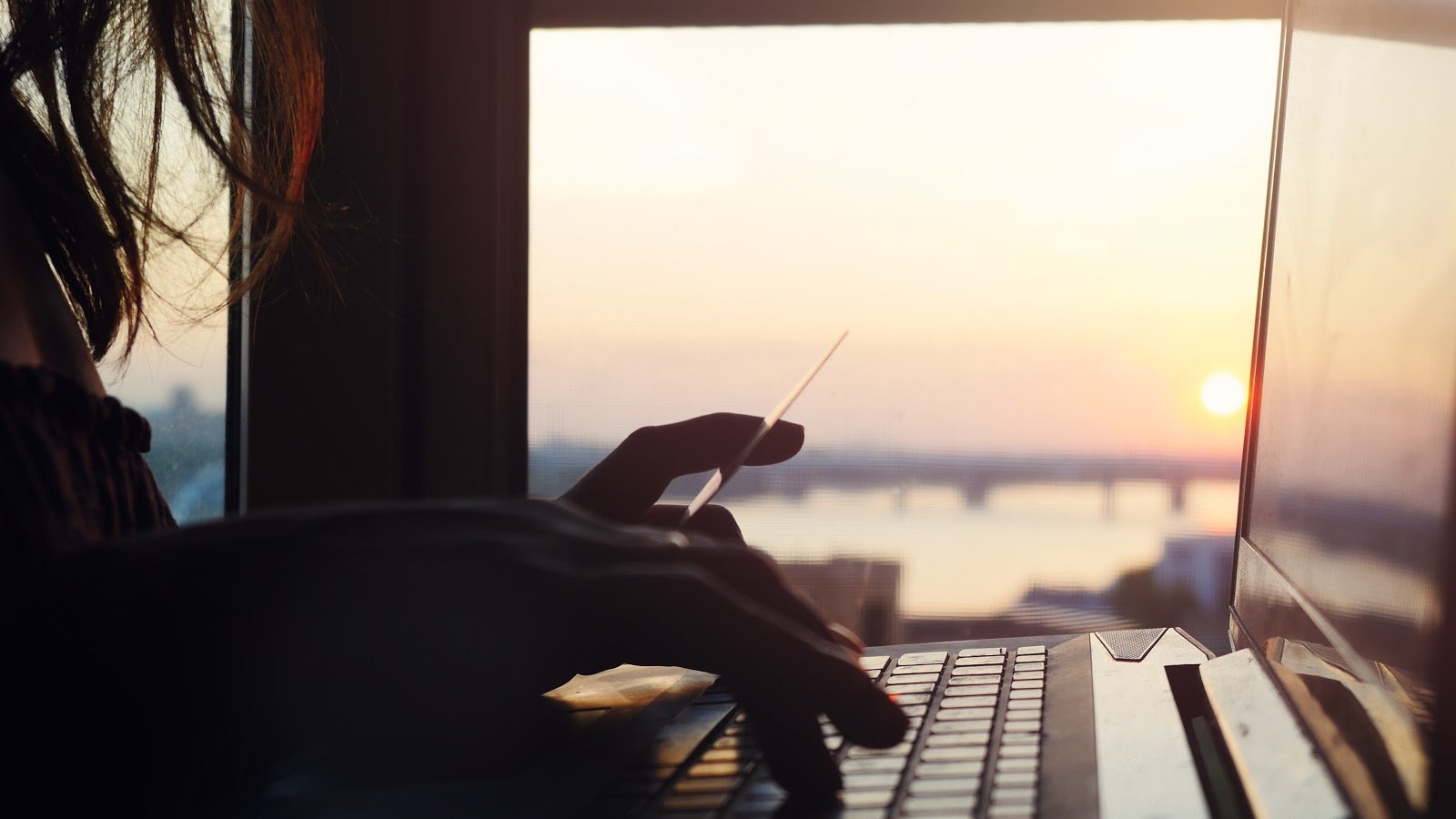 silhouette of woman's hands typing on laptop and holding credit card with sunset scene in the background