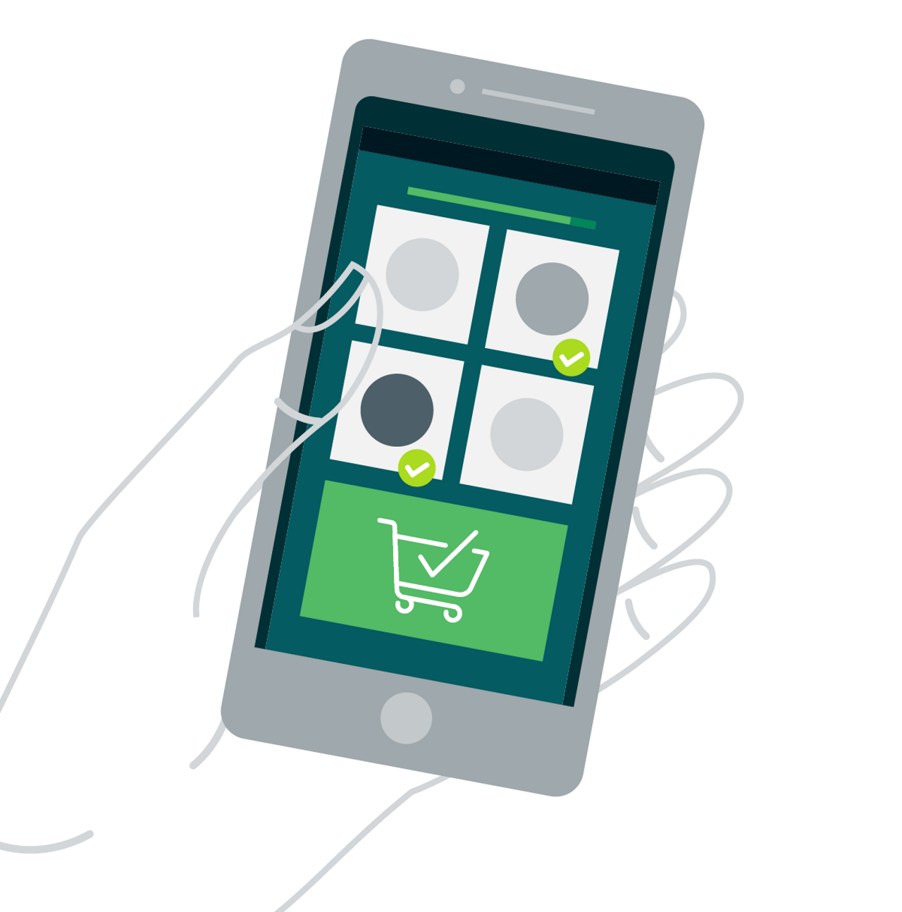 Abstract graphic of transparent hand holding a cellphone with a checkout cart icon