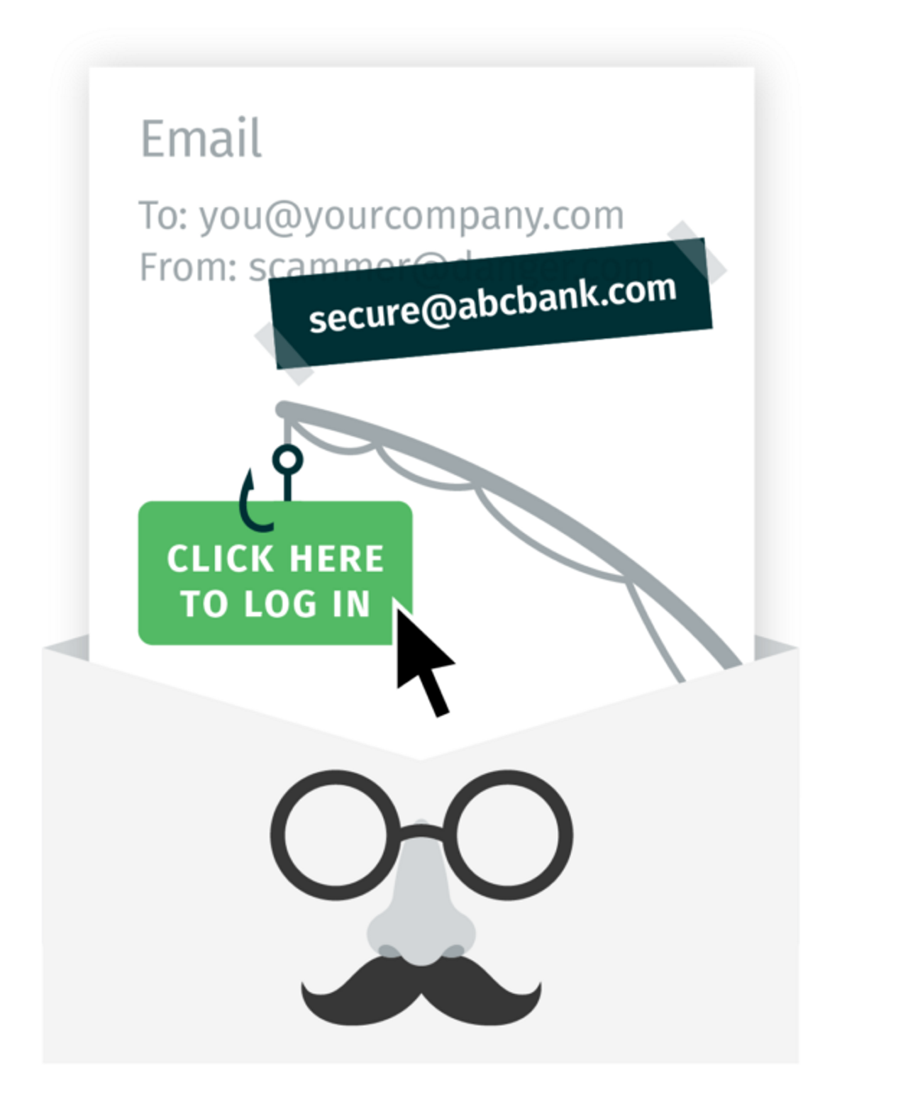 illustration of suspicious open envelope with fish hook prompting you to click a link