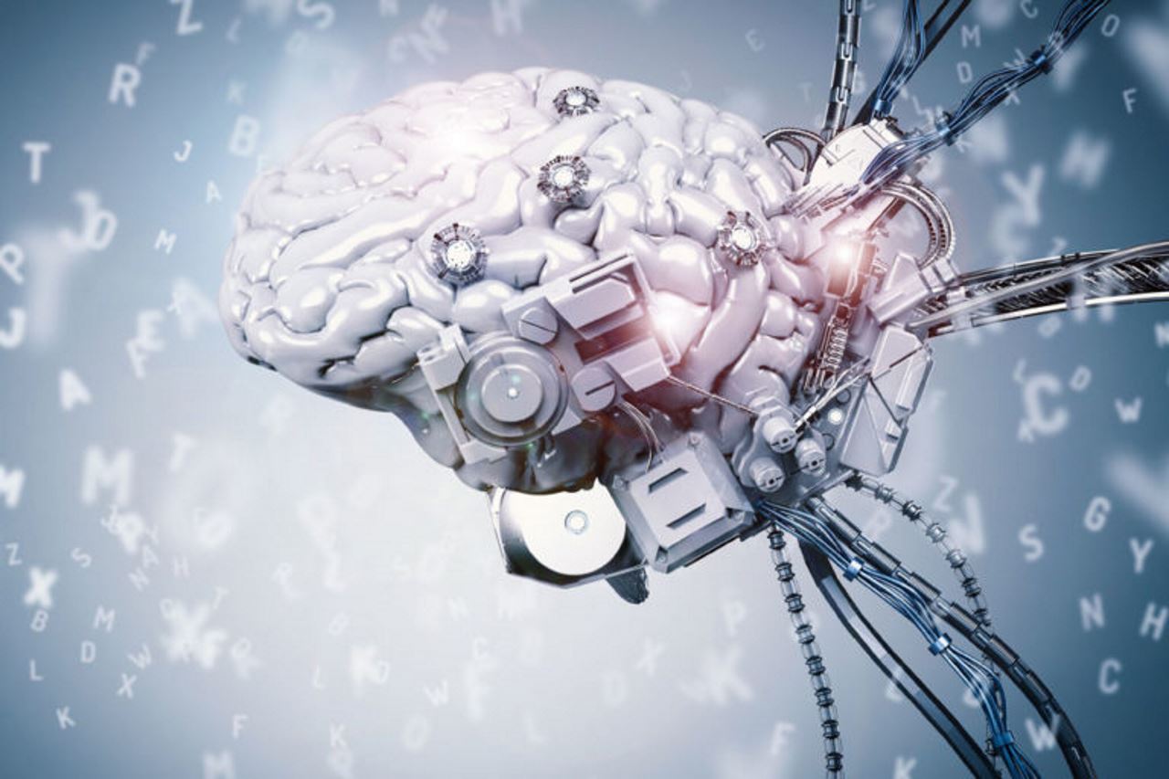 abstract image of a brain on robot stand with letters floating in the background
