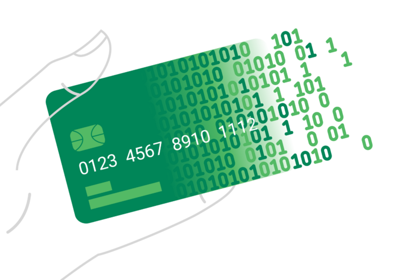 abstract diagram showing transparent hand holding a credit card with numbers floating off it