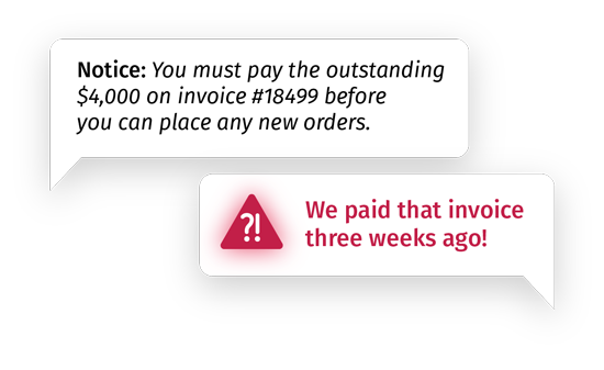 Notice: You must pay the outstanding $4,000 on invoice #18499 before you can place any new orders. We paid that invoice three weeks ago!