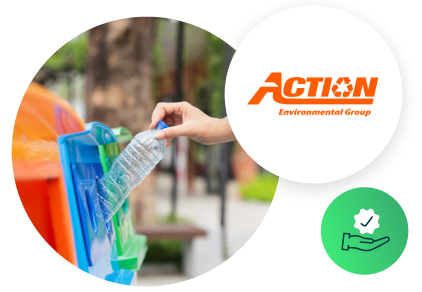 Action carting case study image of recycling, action carting logo, and business services icon