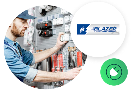 Blazer Electric Logo with electric icon and employee stocking shelves