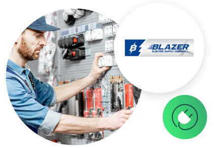Logo van Blazer Electric met pictogram van elektra en werknemer die schappen vult