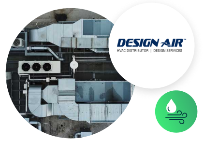 Logo van Design Air met pictogram van sanitair en HVAC en luchtfoto van HVAC-systeem op dak