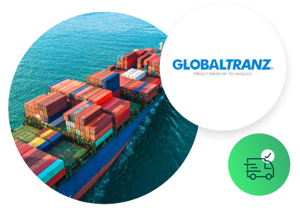 GlobalTranz Case study image of freight ship, GlobalTranz logo, and transportation Icon