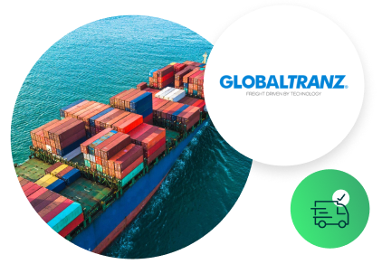 GlobalTranz Case study image of freight ship, GlobalTranz logo, and transportation Icon