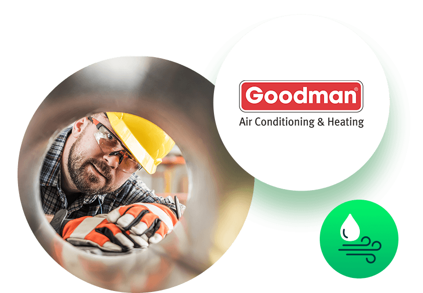 Homme regardant à travers un conduit CVC accompagné du logo Goodman