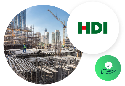 HDI Global Insurance logo icon and image of construction site