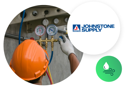 Johnstone Supply image of employee and logo with plumbing and HVAC icon