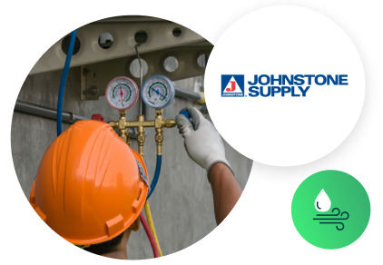 Johnstone Supply image of employee and logo with plumbing and HVAC icon