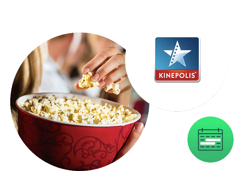 Hand, die Popcorn hält, daneben das Kinepolis-Logo
