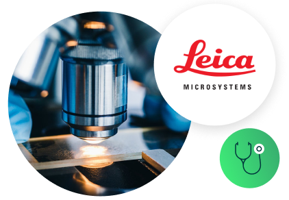 Leica microsystems case study microscope image, Leica logo, and medical icon