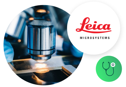 Leica microsystems case study microscope image, Leica logo, and medical icon